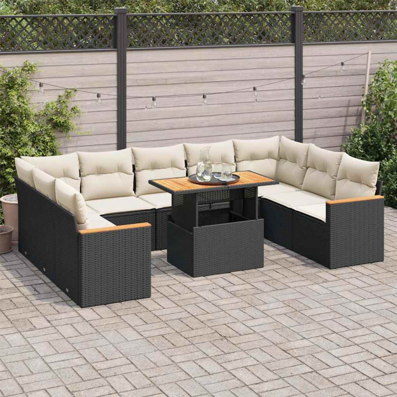 10-tlg. Garten-Sofagarnitur mit Kissen Schwarz Poly Rattan