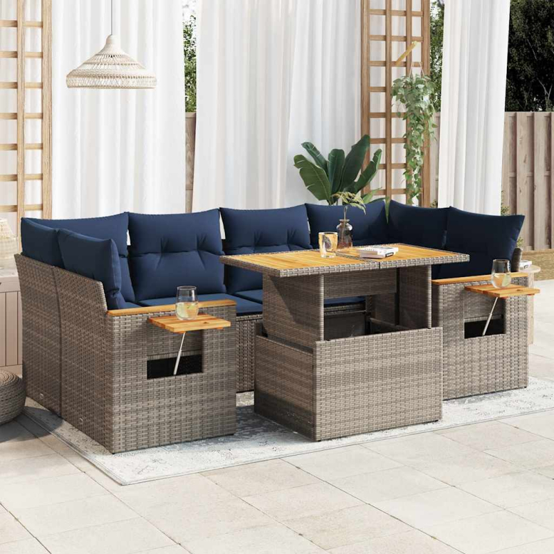 7-tlg. Garten-Sofagarnitur mit Kissen Grau Poly Rattan