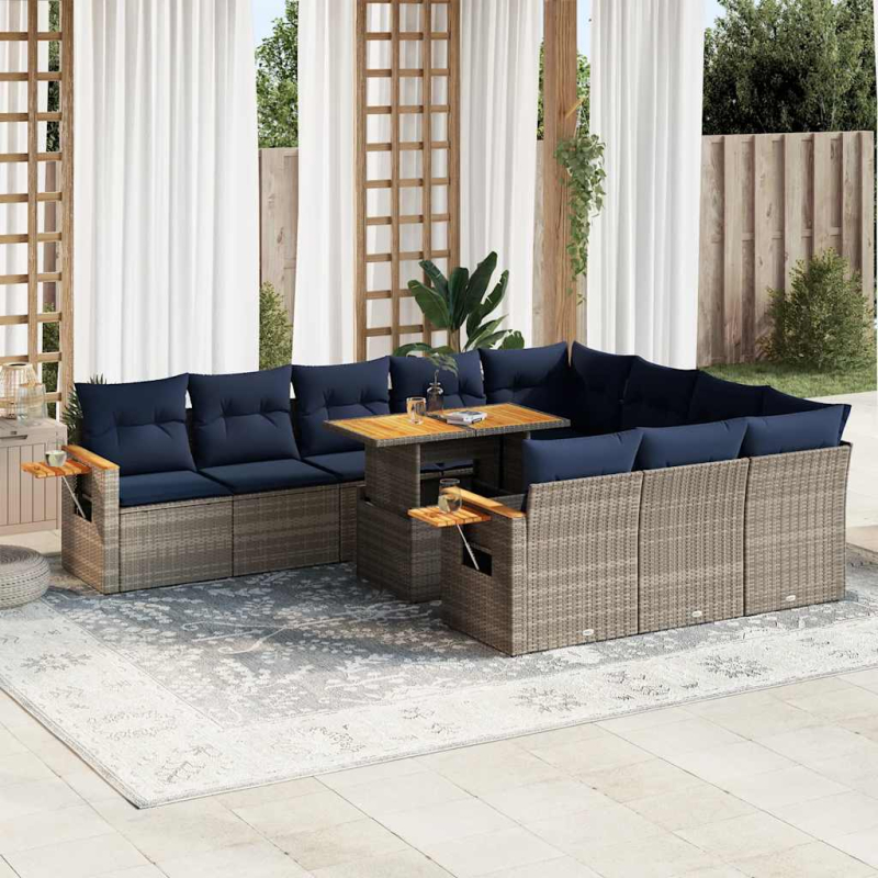 11-tlg. Garten-Sofagarnitur mit Kissen Grau Poly Rattan Akazie