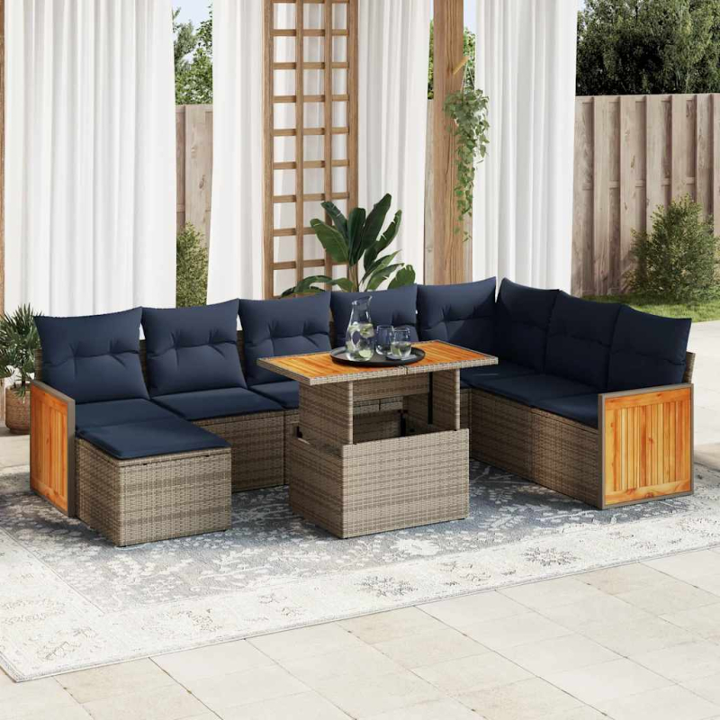 11-tlg. Garten-Sofagarnitur mit Kissen Grau Poly Rattan Akazie