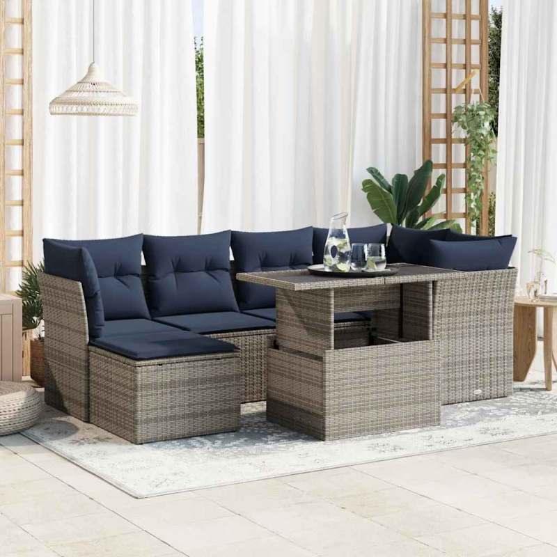 7-tlg. Garten-Sofagarnitur mit Kissen Grau Poly Rattan Akazie