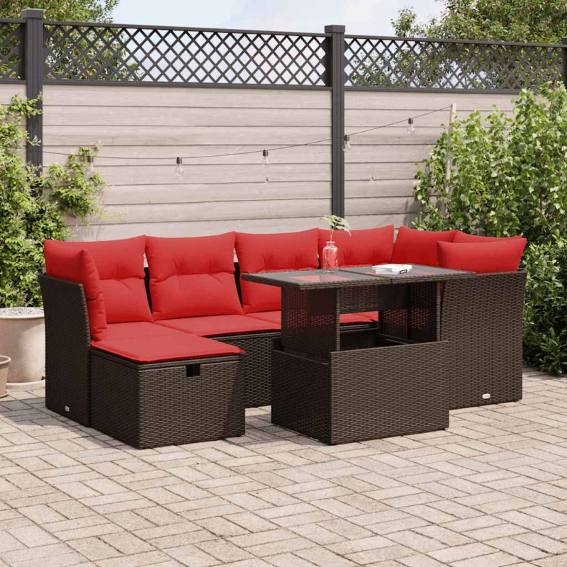 7-tlg. Garten-Sofagarnitur mit Kissen Braun Poly Rattan Akazie