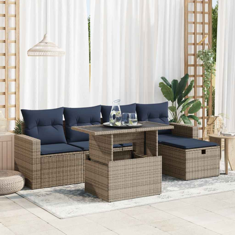 6-tlg. Garten-Sofagarnitur mit Kissen Braun Poly Rattan Akazie