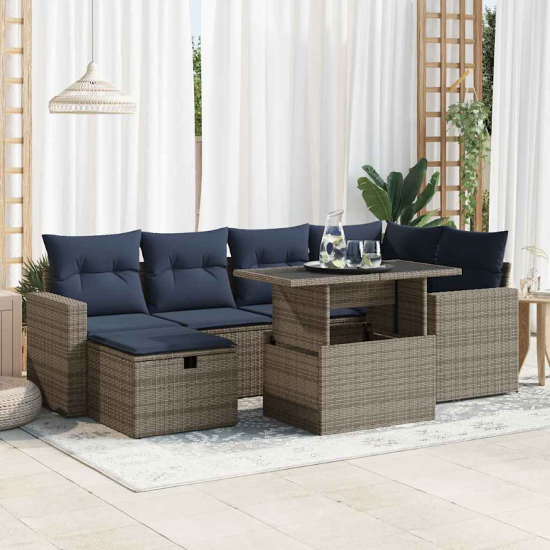 7-tlg. Garten-Sofagarnitur mit Kissen Braun Poly Rattan Akazie