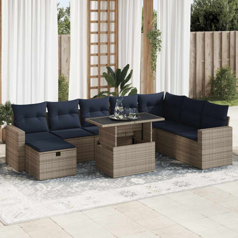 9-tlg. Garten-Sofagarnitur mit Kissen Braun Poly Rattan Akazie