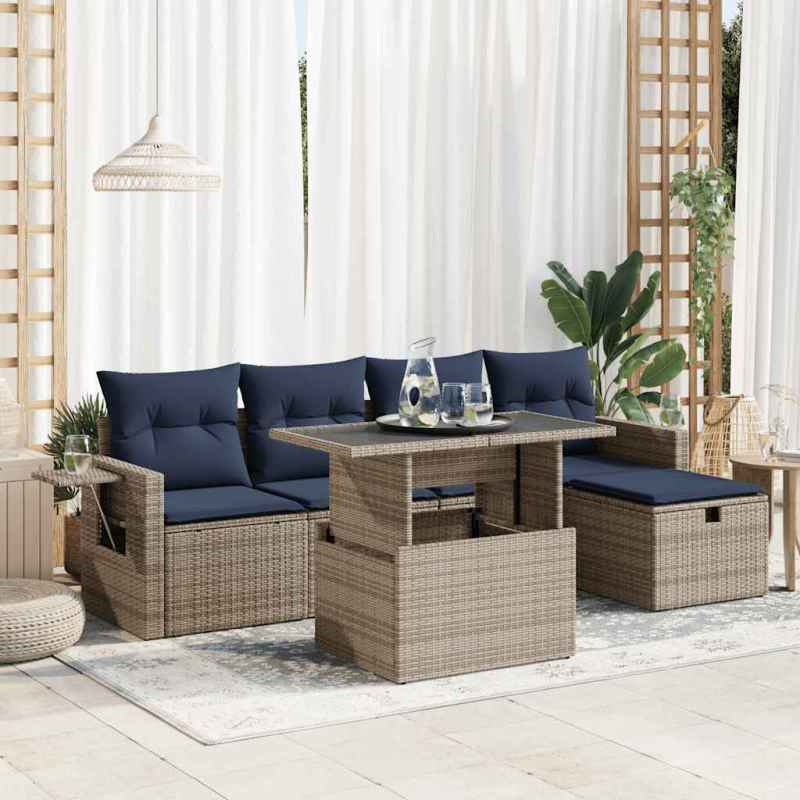 6-tlg. Garten-Sofagarnitur mit Kissen Braun Poly Rattan Akazie