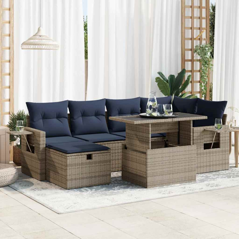 7-tlg. Garten-Sofagarnitur mit Kissen Braun Poly Rattan Akazie