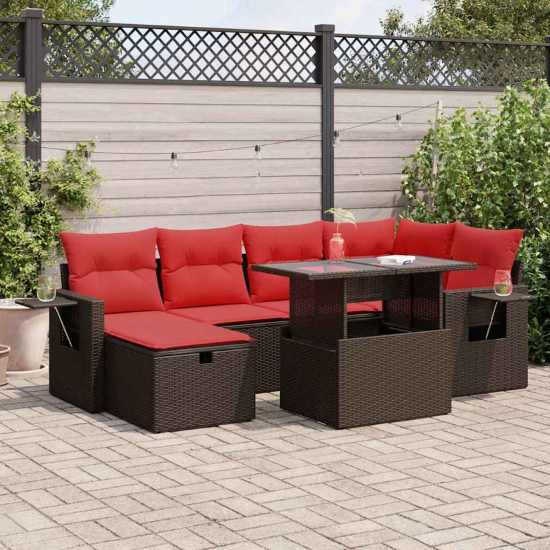 7-tlg. Garten-Sofagarnitur mit Kissen Schwarz Poly Rattan