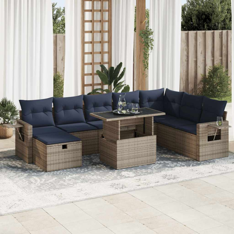 9-tlg. Garten-Sofagarnitur mit Kissen Braun Poly Rattan Akazie