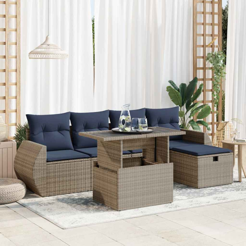 6-tlg. Garten-Sofagarnitur mit Kissen Braun Poly Rattan Akazie