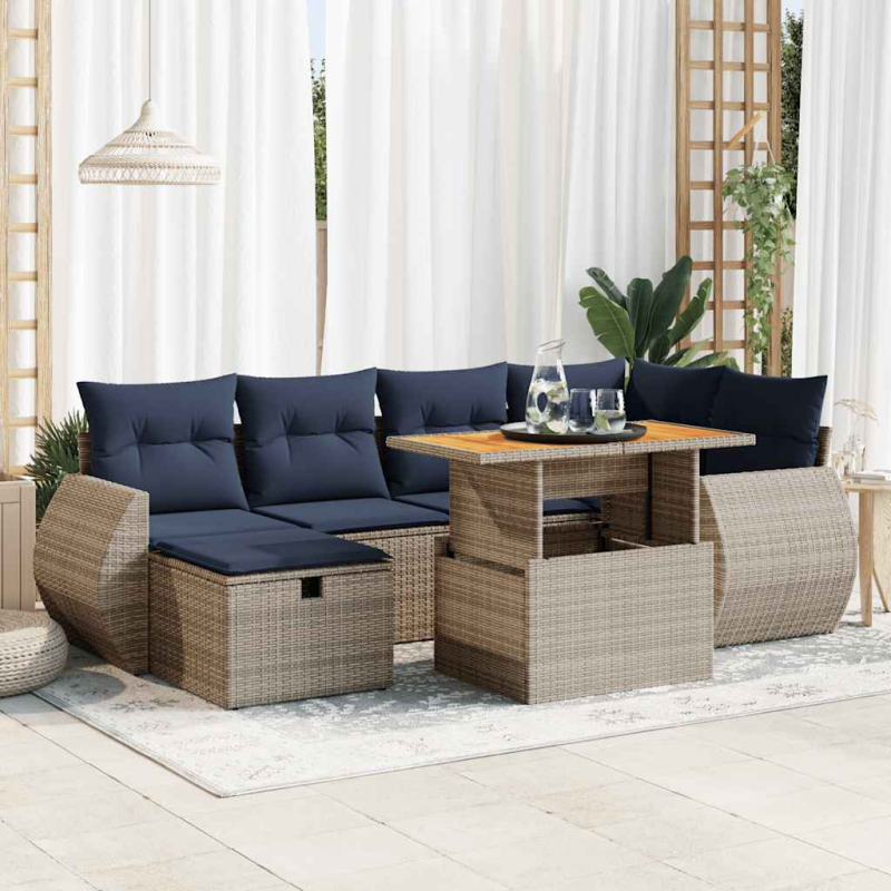 7-tlg. Garten-Sofagarnitur mit Kissen Braun Poly Rattan Akazie