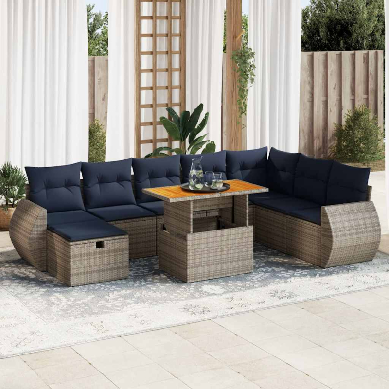 9-tlg. Garten-Sofagarnitur mit Kissen Schwarz Poly Rattan