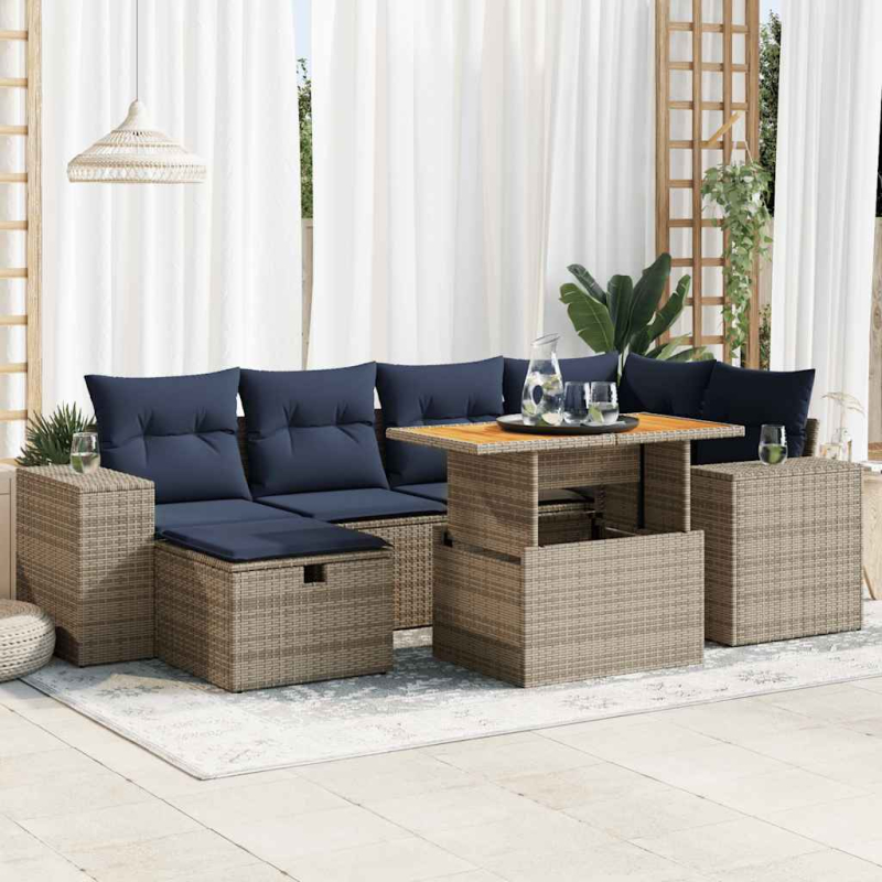 7-tlg. Garten-Sofagarnitur mit Kissen Braun Poly Rattan Akazie