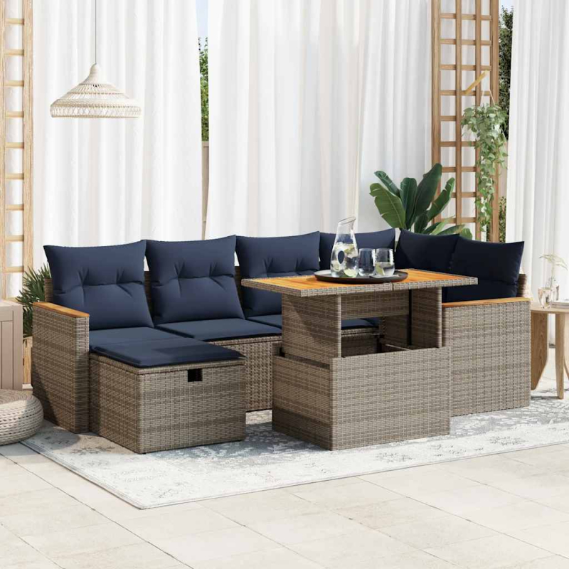 7-tlg. Garten-Sofagarnitur mit Kissen Schwarz Poly Rattan