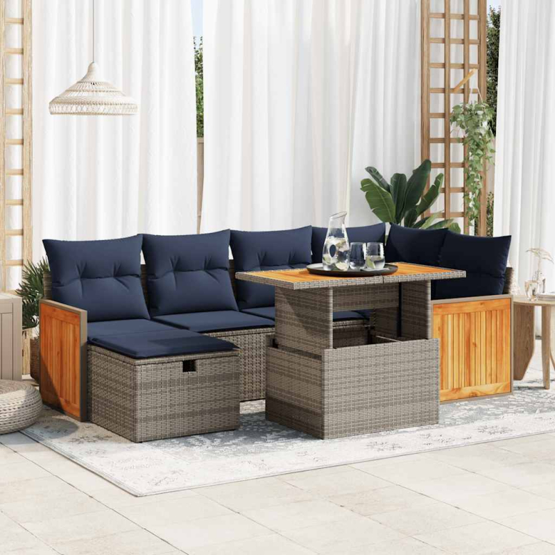 7-tlg. Garten-Sofagarnitur mit Kissen Schwarz Poly Rattan