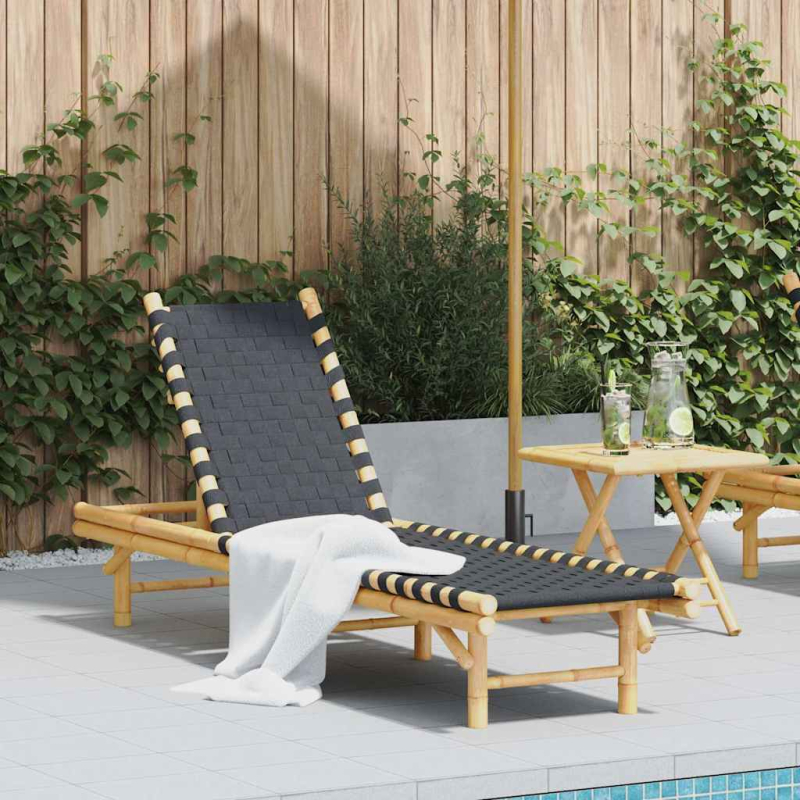 Sonnenliege mit schwarzem gewebtem Gurtband 55x200x30 cm Bambus