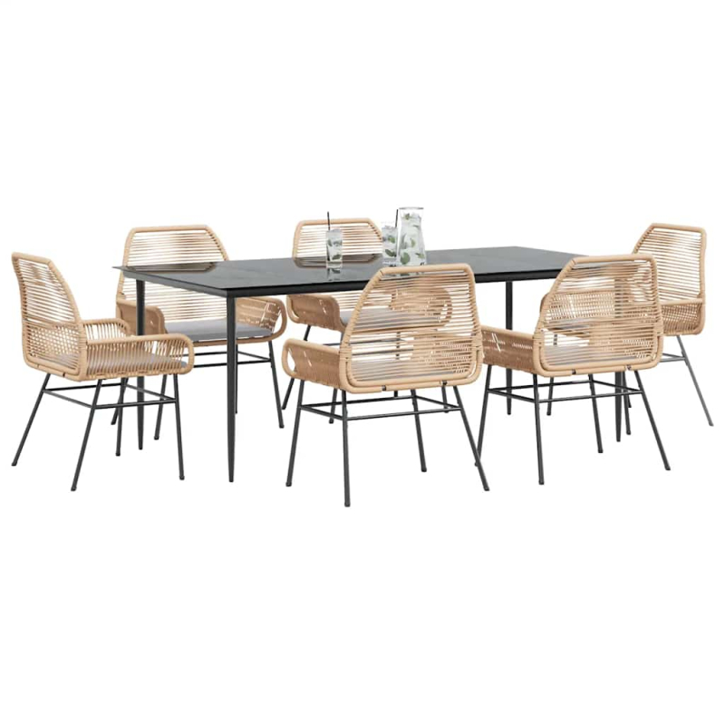 7-tlg. Garten-Essgruppe mit Kissen Braun Poly Rattan Glas