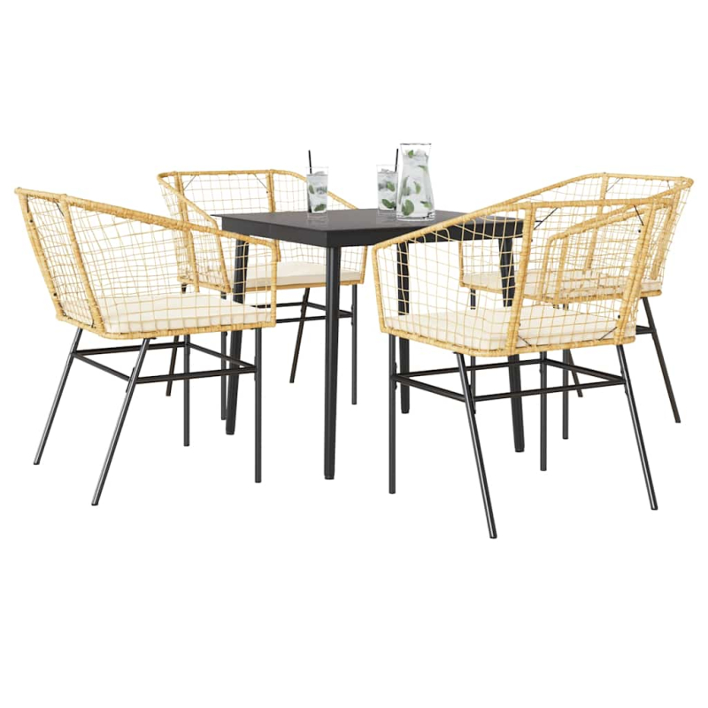 5-tlg. Garten-Essgruppe mit Kissen Braun Poly Rattan Glas