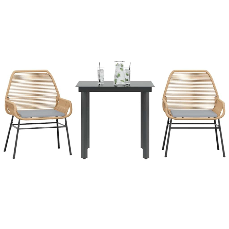 3-tlg. Garten-Essgruppe mit Kissen Braun Poly Rattan Glas