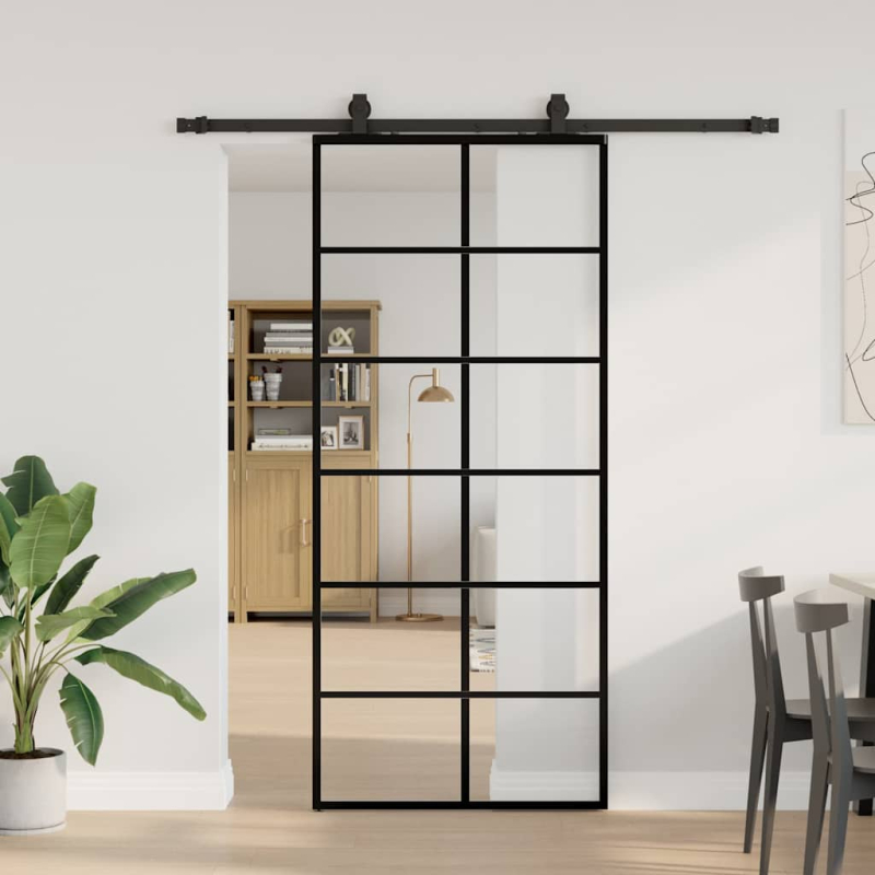 Schiebetür mit Beschlag Schwarz 90x205 cm ESG-Glas