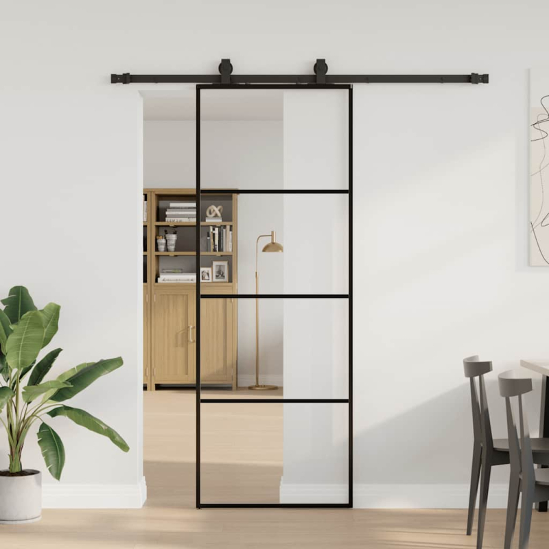 Schiebetür mit Beschlag Schwarz 76x205 cm ESG-Glas