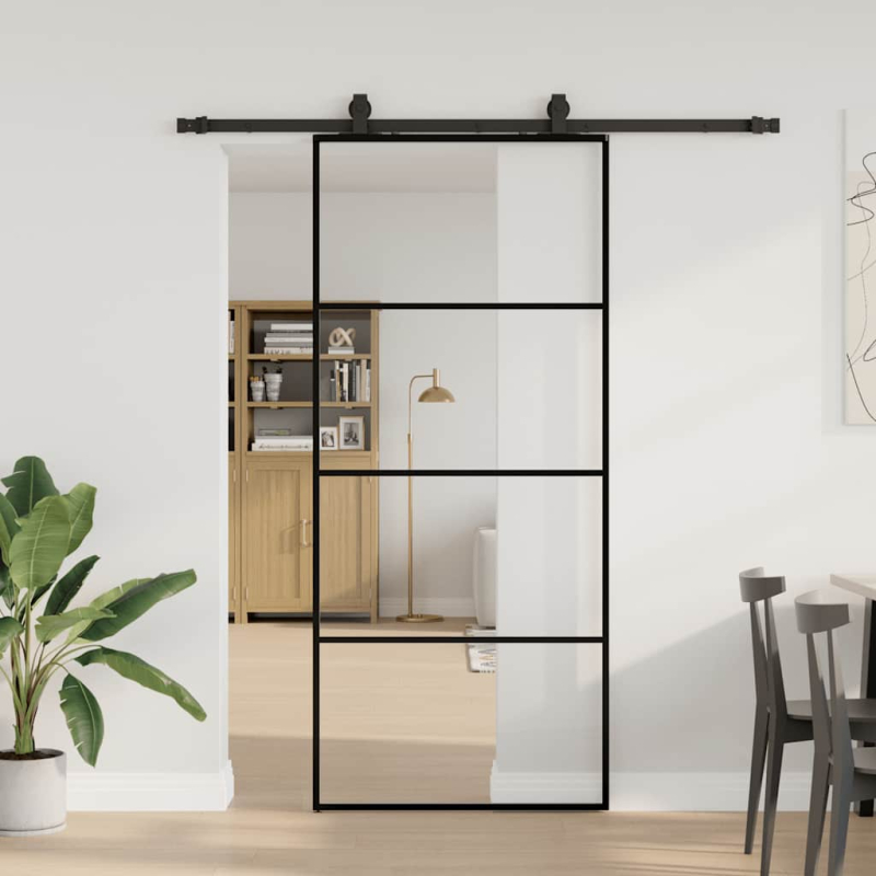 Schiebetür mit Beschlag Schwarz 90x205 cm ESG-Glas