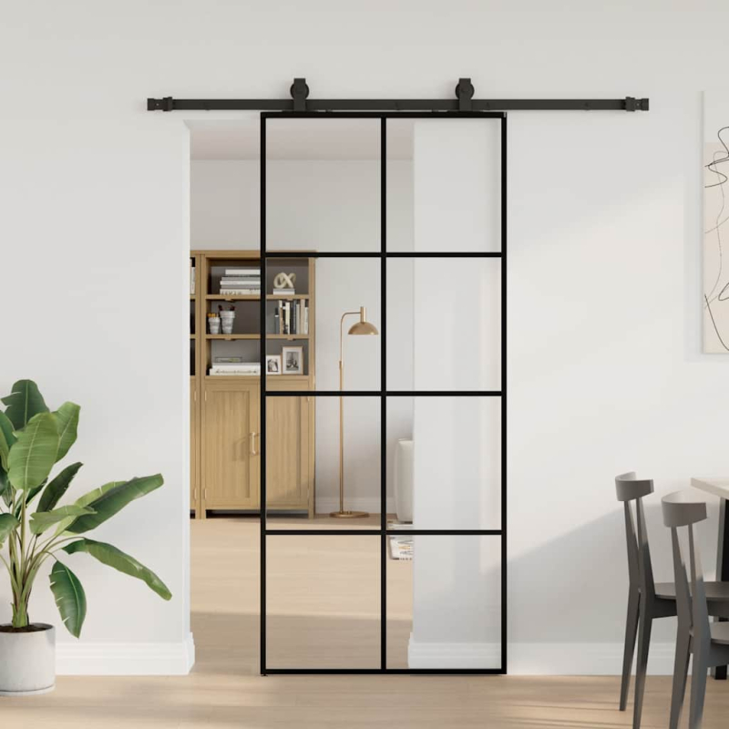 Schiebetür mit Beschlag Schwarz 90x205 cm ESG-Glas