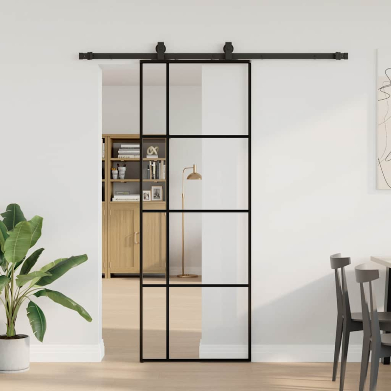 Schiebetür mit Beschlag Schwarz 76x205 cm ESG-Glas