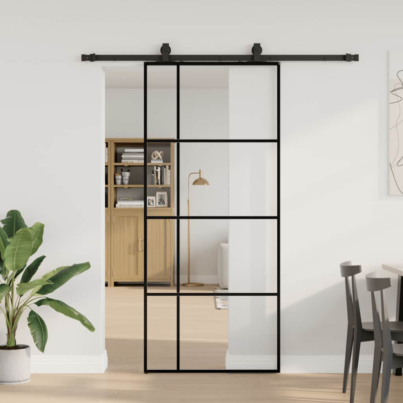Schiebetür mit Beschlag Schwarz 90x205 cm ESG-Glas