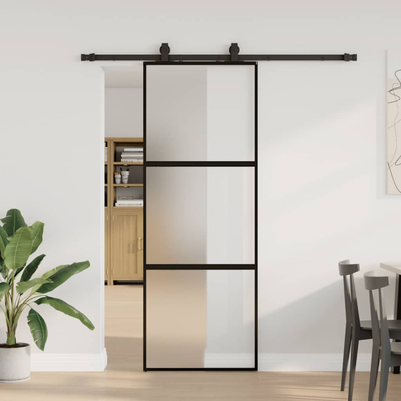 Schiebetür mit Beschlag Schwarz 76x205 cm Hartglas
