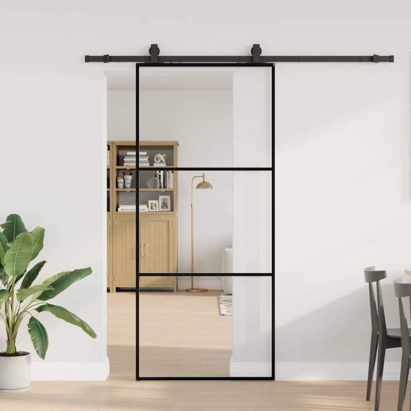 Schiebetür mit Beschlag Schwarz 90x205 cm ESG-Glas