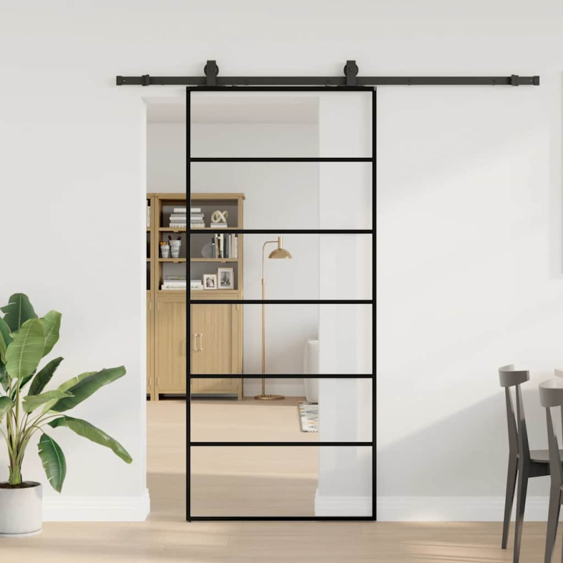 Schiebetür mit Beschlag Schwarz 90x205 cm ESG-Glas