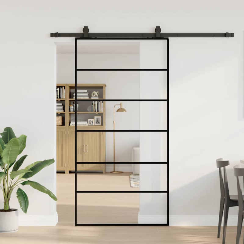 Schiebetür mit Beschlag Schwarz 102x205 cm ESG-Glas