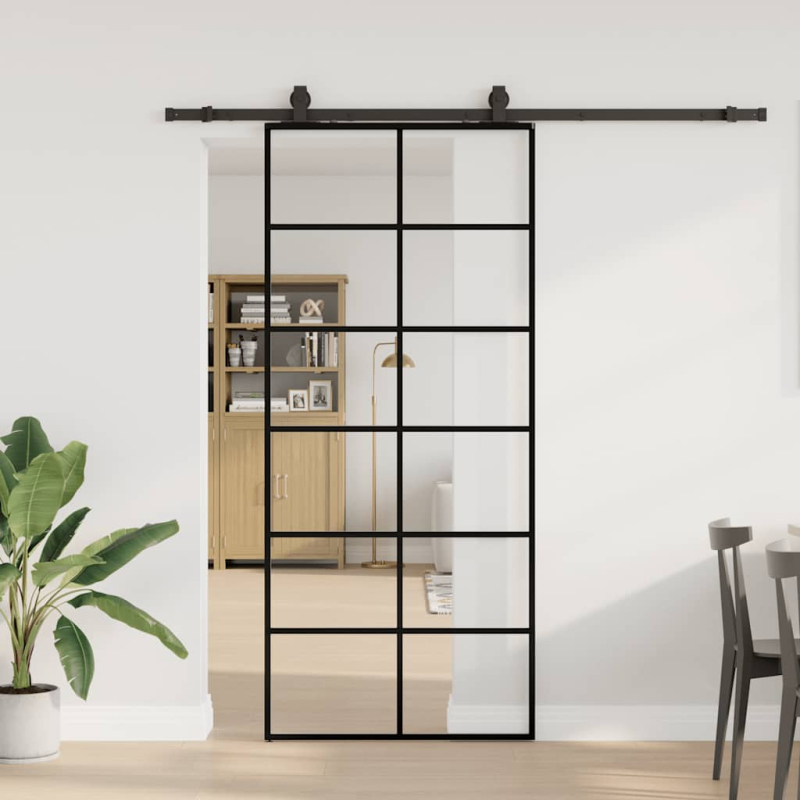 Schiebetür mit Beschlag Schwarz 90x205 cm ESG-Glas