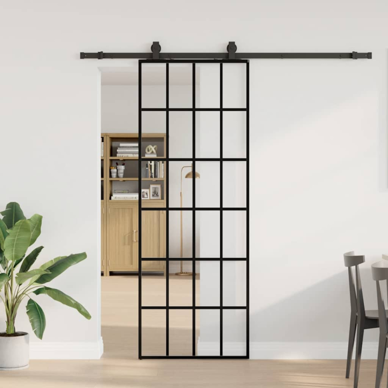 Schiebetür mit Beschlag Schwarz 76x205 cm ESG-Glas