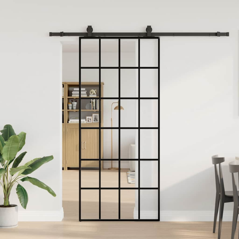 Schiebetür mit Beschlag Schwarz 90x205 cm ESG-Glas