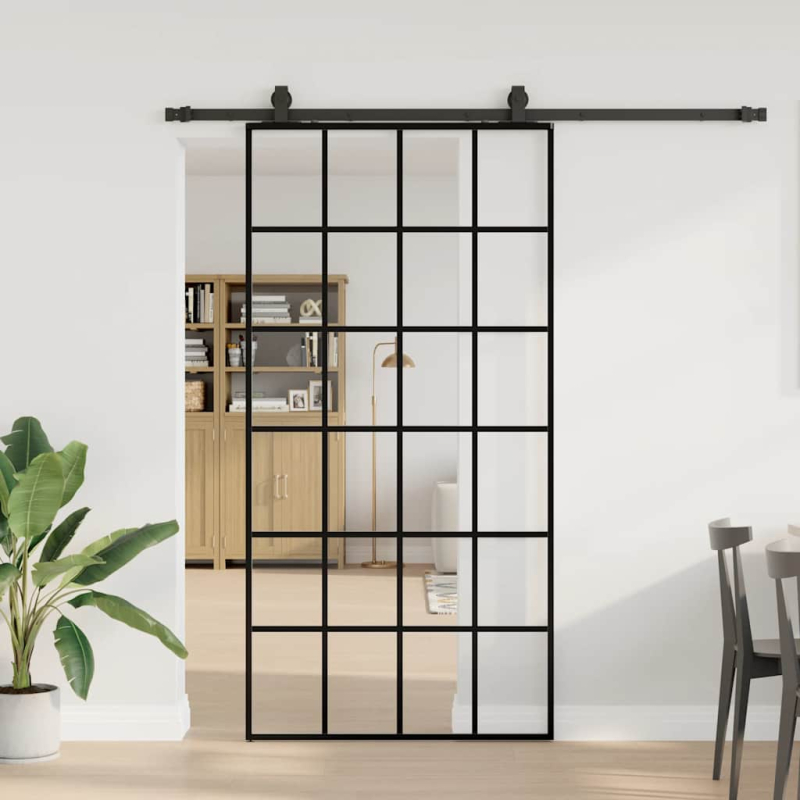 Schiebetür mit Beschlag Schwarz 102x205 cm ESG-Glas