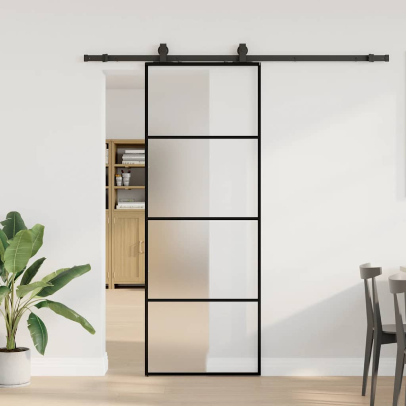 Schiebetür mit Beschlag Schwarz 76x205 cm ESG-Glas