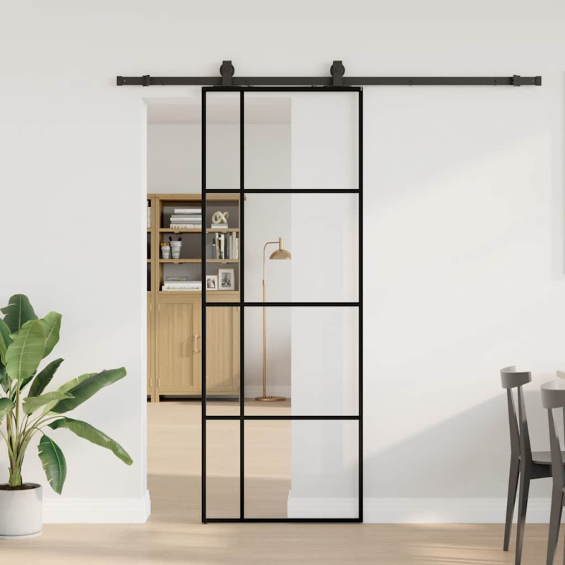 Schiebetür mit Beschlag Schwarz 76x205 cm ESG-Glas