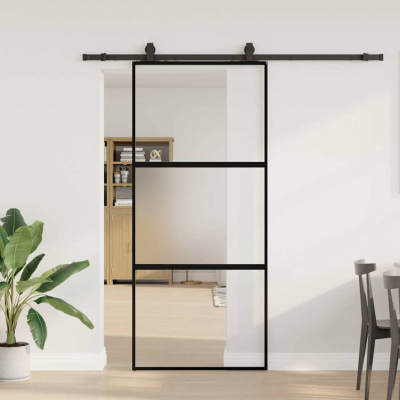 Schiebetür mit Beschlag Schwarz 90x205 cm Hartglas