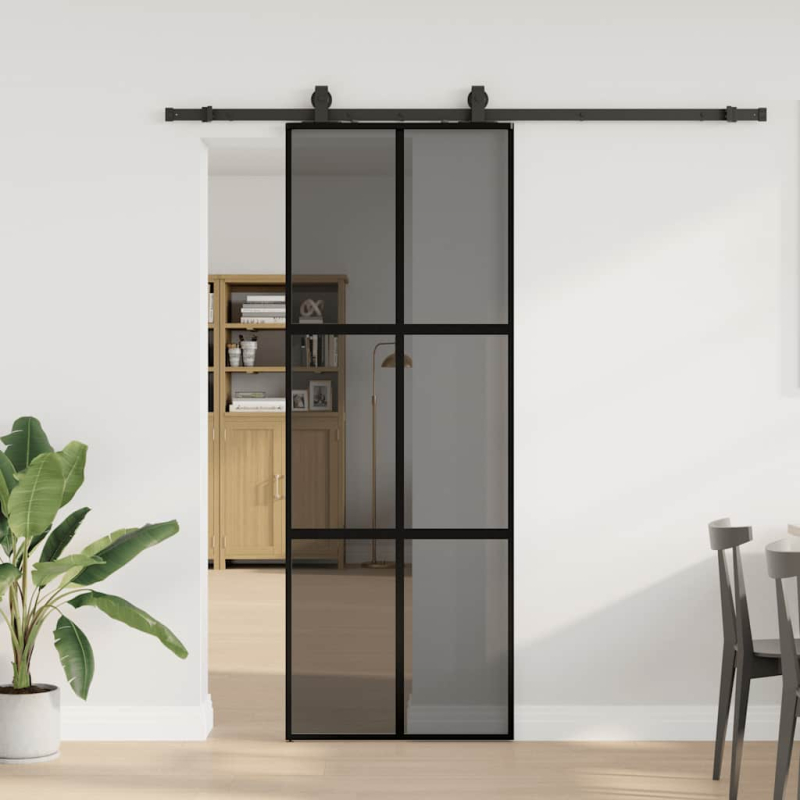 Schiebetür mit Beschlag Schwarz 76x205 cm Hartglas