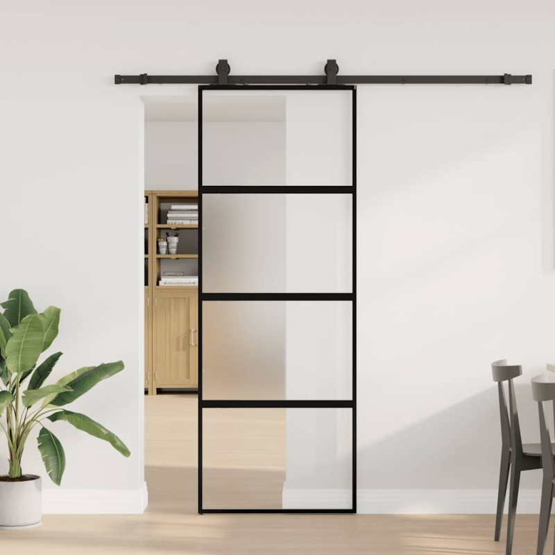 Schiebetür mit Beschlag Schwarz 76x205 cm Hartglas