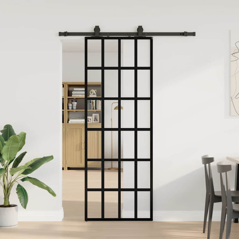 Schiebetür mit Beschlag Schwarz 76x205 cm ESG-Glas