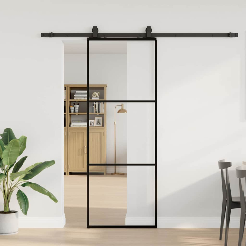 Schiebetür mit Beschlag Schwarz 76x205 cm ESG-Glas