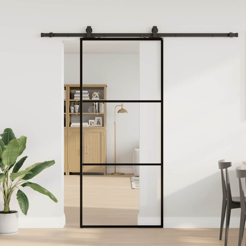 Schiebetür mit Beschlag Schwarz 90x205 cm ESG-Glas