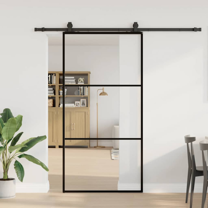 Schiebetür mit Beschlag Schwarz 102x205 cm ESG-Glas