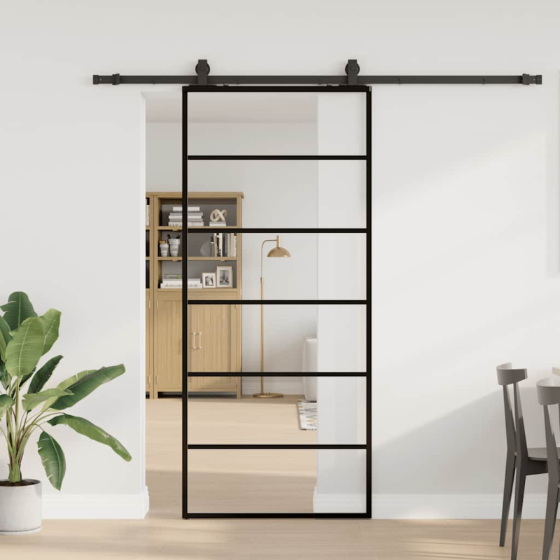 Schiebetür mit Beschlag Schwarz 90x205 cm ESG-Glas