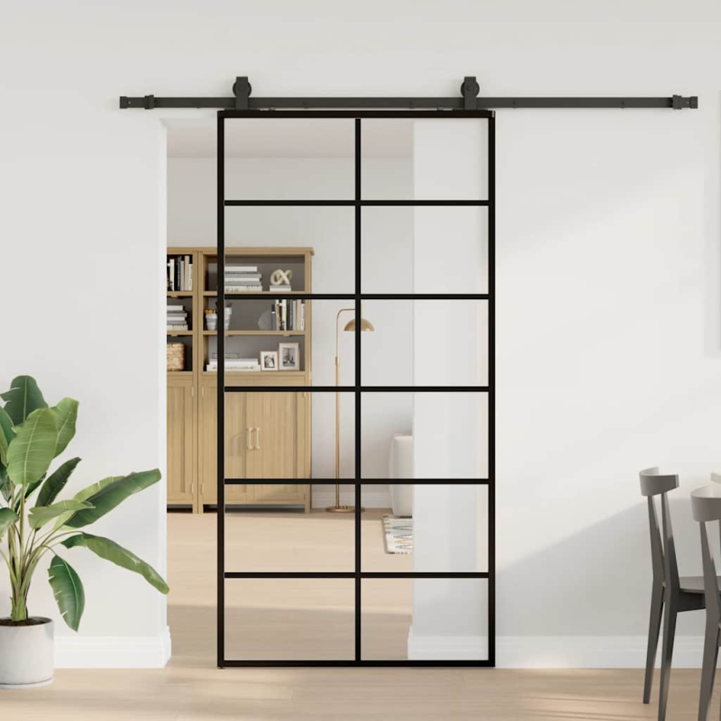 Schiebetür mit Beschlag Schwarz 102x205 cm ESG-Glas
