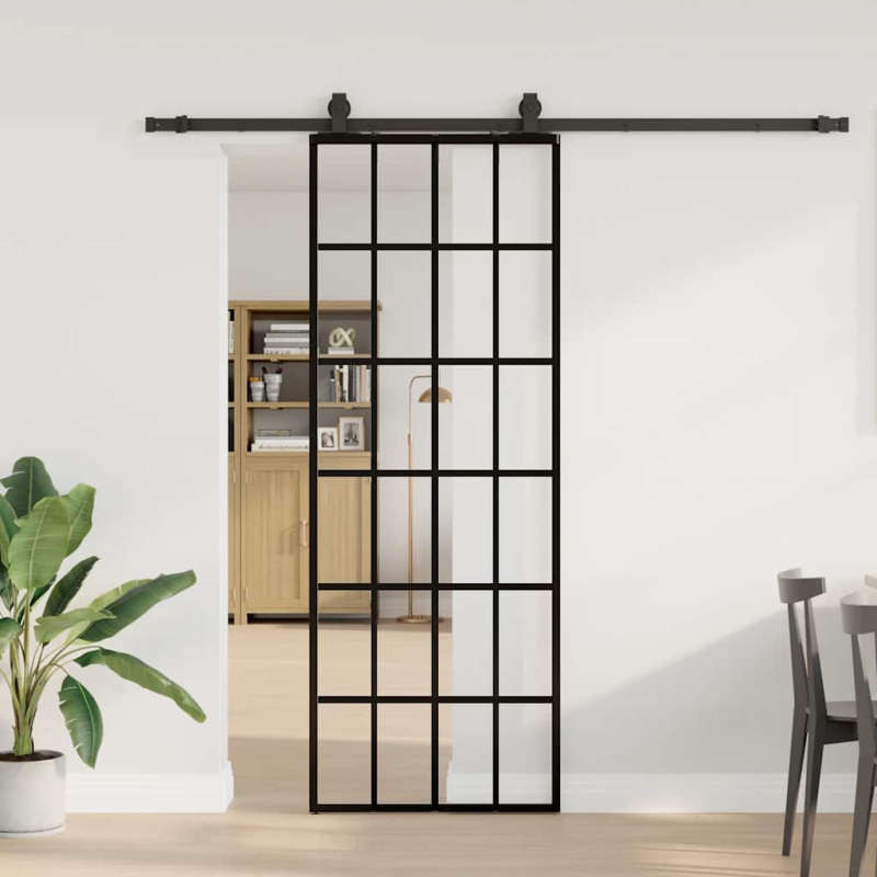 Schiebetür mit Beschlag Schwarz 76x205 cm ESG-Glas