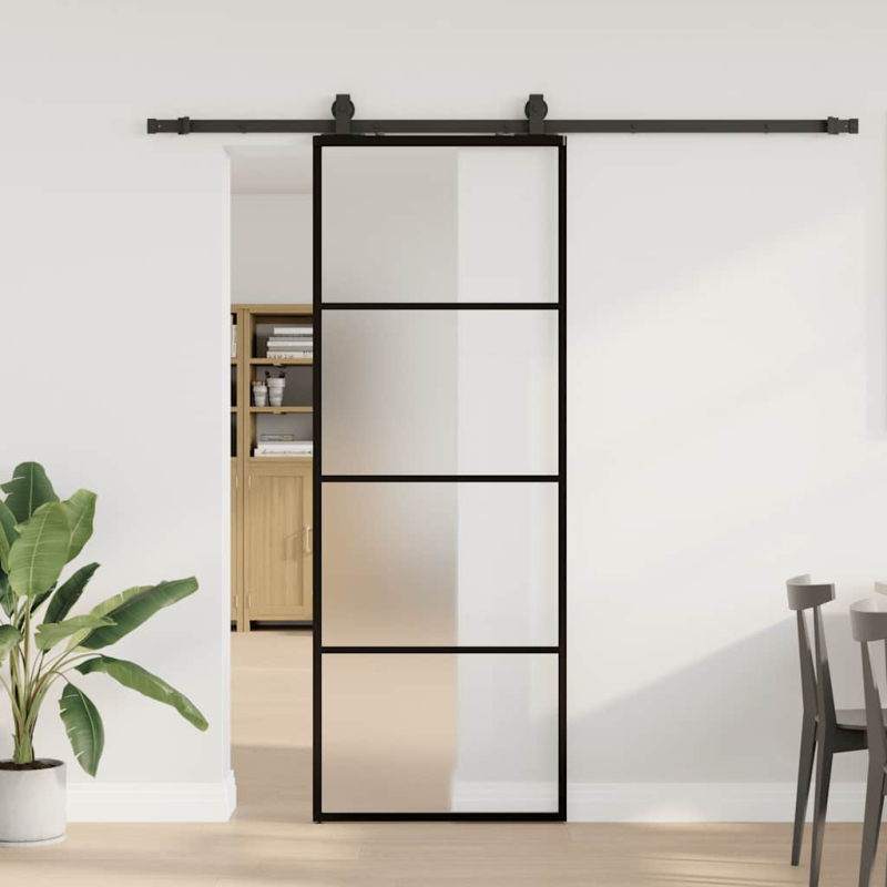 Schiebetür mit Beschlag Schwarz 76x205 cm ESG-Glas